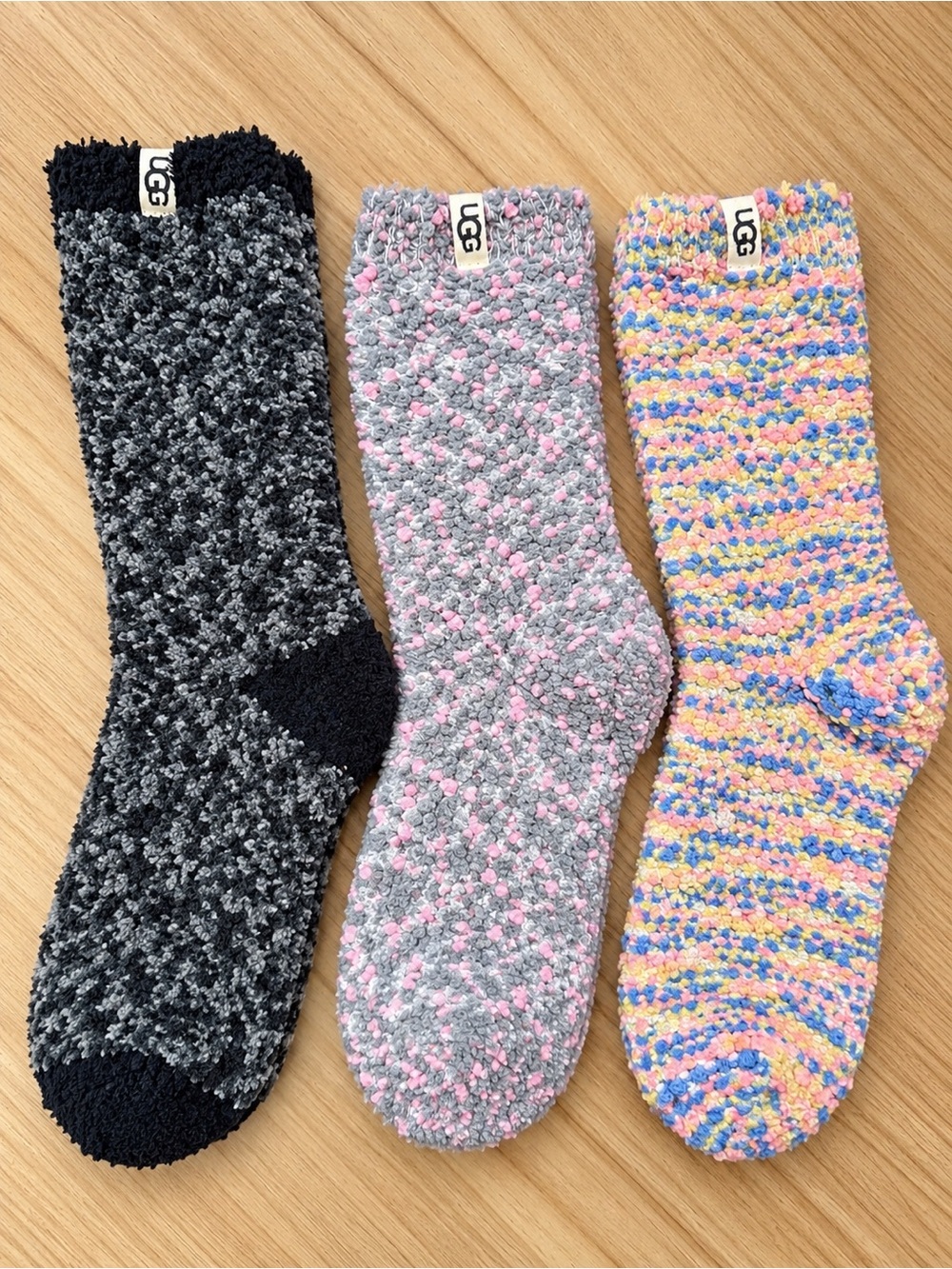 UGG Bundle Plush Crew Socks - Black, Gray with Pink, Multicolor